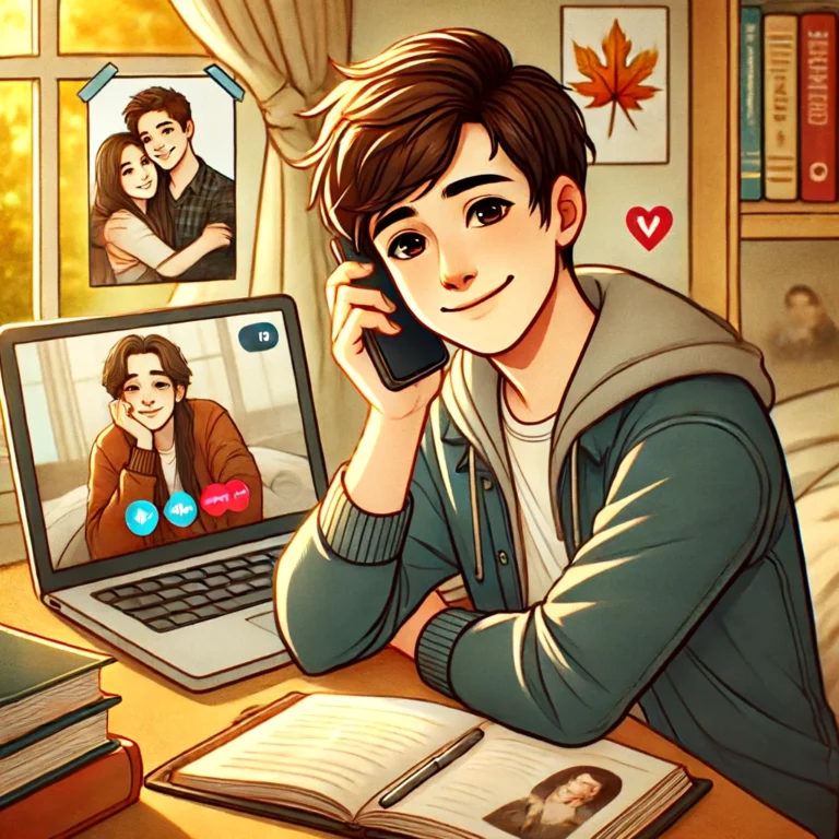 This visual representation captures the essence of a long-distance relationship for college students, emphasizing the connection maintained through technology and personal touches like photos and video calls.
