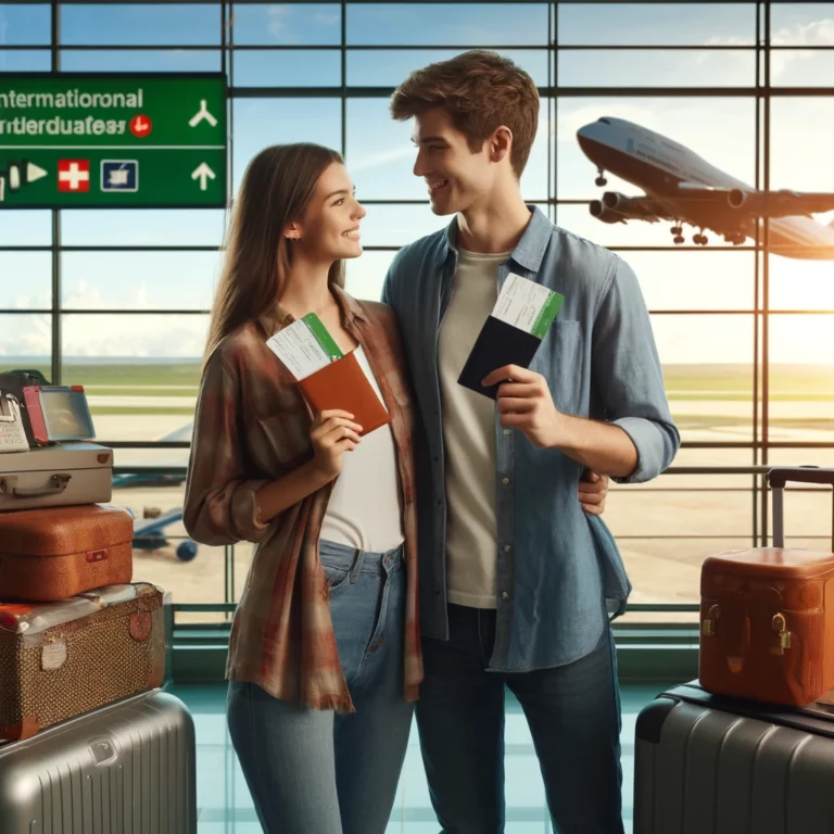 Here is the image depicting an international move. It captures the excitement and anticipation of a young couple at the airport, ready to embark on their new journey together.