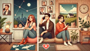 A couple in an open long-distance relationship, each holding a phone while sitting in cozy environments. One is in a modern city apartment with a window showing a night skyline, and the other is in a quaint, countryside room with a view of rolling hills. Both are smiling warmly, showing connection despite the distance. Each person has framed photos on their walls of themselves with other partners, indicating the openness of their relationship. Between them, a dotted line map with a heart connecting the two locations, emphasizing love and connection despite physical distance and the open nature of their relationship.