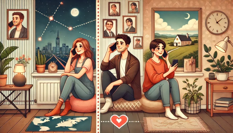 A couple in an open long-distance relationship, each holding a phone while sitting in cozy environments. One is in a modern city apartment with a window showing a night skyline, and the other is in a quaint, countryside room with a view of rolling hills. Both are smiling warmly, showing connection despite the distance. Each person has framed photos on their walls of themselves with other partners, indicating the openness of their relationship. Between them, a dotted line map with a heart connecting the two locations, emphasizing love and connection despite physical distance and the open nature of their relationship.