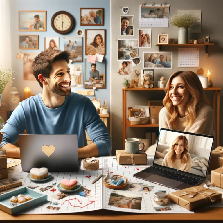 A happy couple in a long-distance marriage, each on their respective video calls. The man is sitting at a desk with a laptop, smiling, while his wife is on the laptop screen, also smiling. Around them are small reminders of their relationship, such as framed photos, a calendar with planned visit dates circled, and care packages. Both rooms have cozy and personal touches, showing that they are in different locations but still connected. The image exudes warmth, love, and connection despite the distance.
