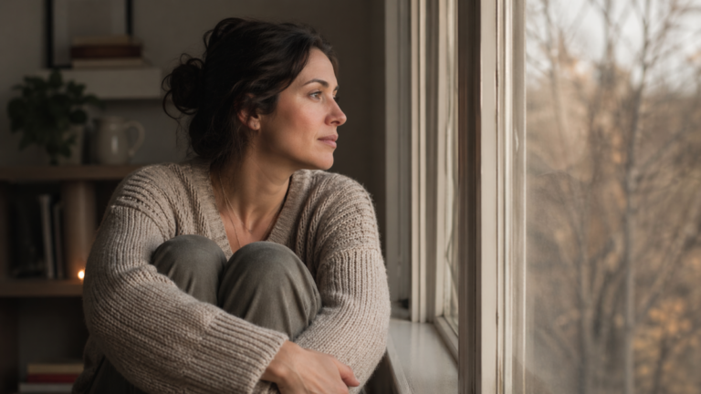 Person sitting alone by a window in soft natural light, looking out thoughtfully in a warm, muted room, illustrating reflection in a long-distance relationship.