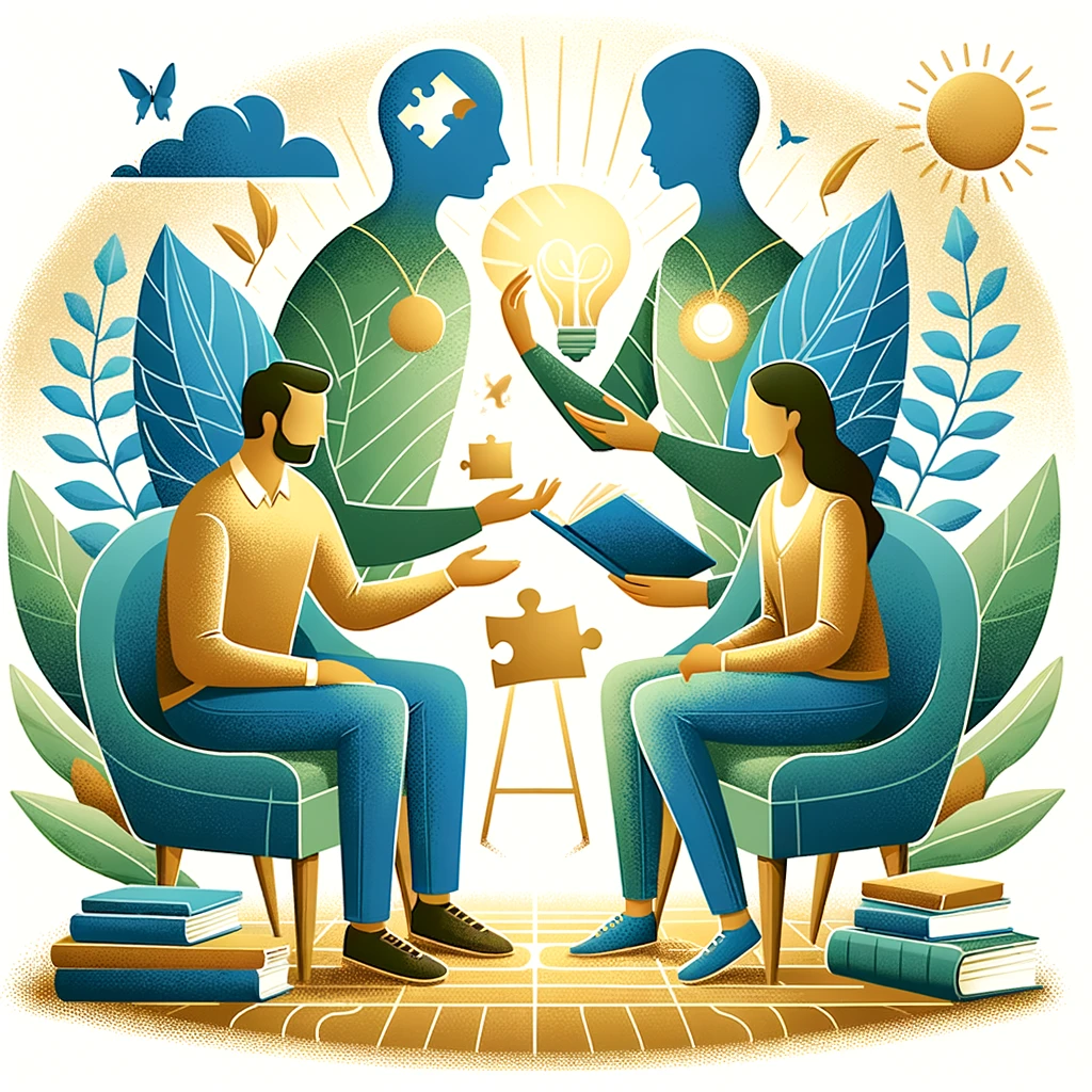 an image symbolizing "Couples Coaching for Conflict Resolution," depicting a coaching session where a couple is guided by a coach towards resolving their conflicts, emphasizing the journey towards understanding and connection.