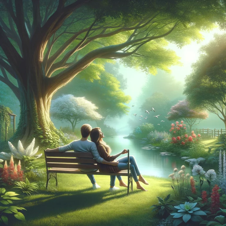 An image captures a peaceful, content, and happy moment between a couple, enjoying each other's company in a serene garden. This scene reflects tranquility and shared joy, emphasizing the beauty of finding contentment and happiness in simple, quiet moments together.