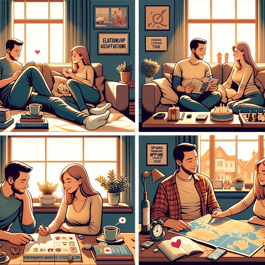 an image that visually communicates practical tips for improving relationship satisfaction, depicting a couple engaging in simple yet impactful activities to enhance their connection and happiness. The scene is set in a cozy, intimate living room, where they're practicing active listening, planning future trips, showing appreciation through small gestures, and spending quality time together. This image embodies the idea that actionable steps can significantly contribute to a more fulfilling and joyful relationship.