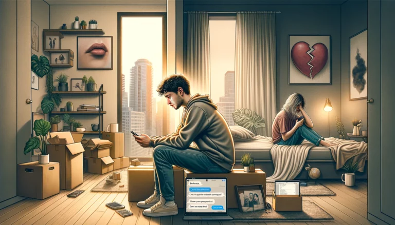 A split-screen image showing a couple in different locations, clearly depicting a breakup. On the left side, a person is sitting in a modern apartment, looking at their phone with a tear rolling down their cheek. The room is well-lit with a city view outside the window, and there are packed boxes nearby, suggesting a recent move. On the right side, another person is in a cozy bedroom with soft lighting, sitting on the bed with a laptop, appearing devastated. There is an open message on the laptop screen showing a breakup text. Both sides have personal touches like plants, pictures, and books, highlighting their separate but connected lives during the breakup.