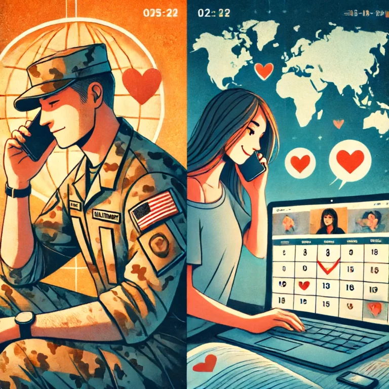 A split-screen image depicting a couple in a military long-distance relationship. On the left side, a military person in uniform is talking on the phone. On the right side, their partner is at home with a calendar showing marked days and a laptop open with a video call screen. The background includes a world map with different time zones and hearts connecting the couple. The atmosphere is warm and hopeful, highlighting their connection and love despite the distance.