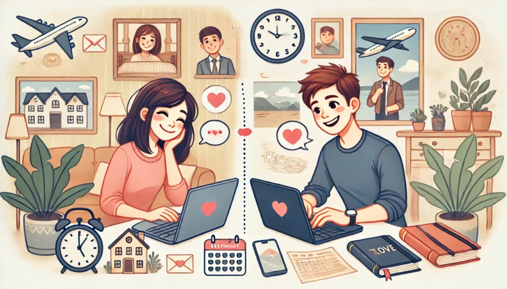 This image illustrates a warm and positive scene of a couple maintaining their connection despite the distance.