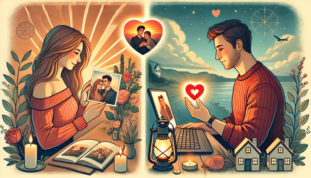 This illustration captures a heartfelt moment between a couple, emphasizing their emotional bond despite the distance.