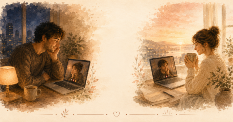 Two partners on a video call in different time zones — one in evening city light, one in morning sunrise light — in a warm watercolor style, evoking presence held across a long-distance time difference.